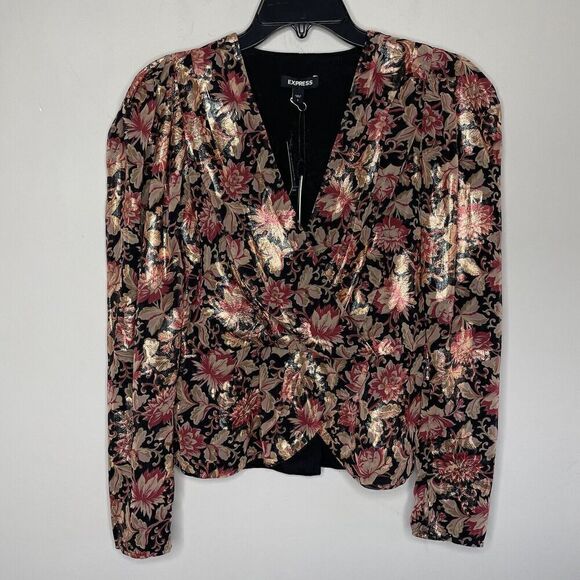 EXPRESS Top Womens Small S Metallic Gold Red Floral Peplum Blouse NEW Faux Wrap - Picture 1 of 10